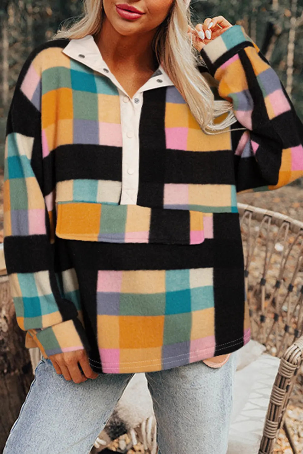 Black Plaid Print Pocketed Half Button Collared Sweatshirt Beagle Boutique Fashion Outlet