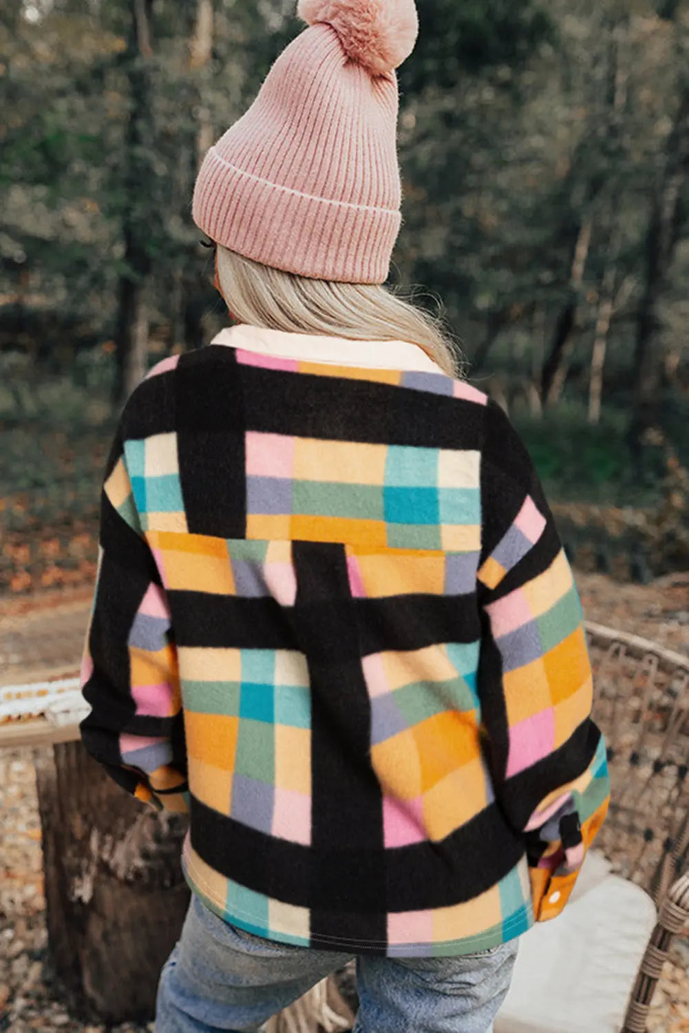 Black Plaid Print Pocketed Half Button Collared Sweatshirt Beagle Boutique Fashion Outlet