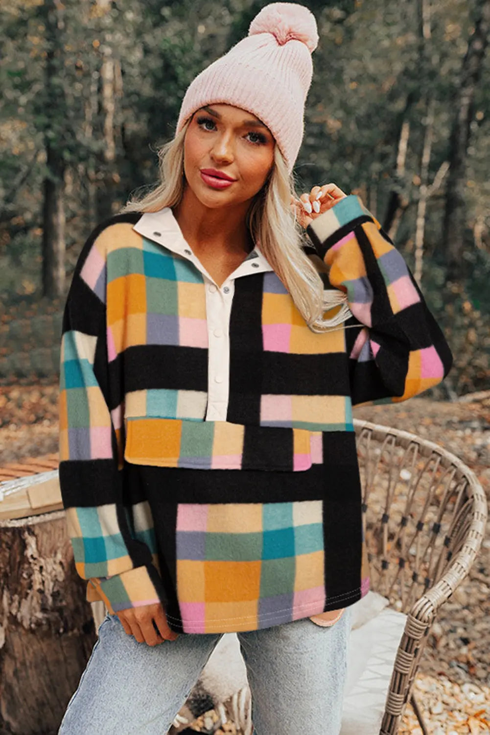 Black Plaid Print Pocketed Half Button Collared Sweatshirt Beagle Boutique Fashion Outlet