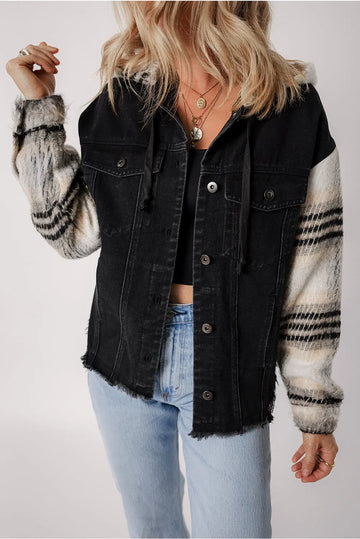 Black Plaid Sleeve Frayed Hem Hooded Denim Jacket - eAura