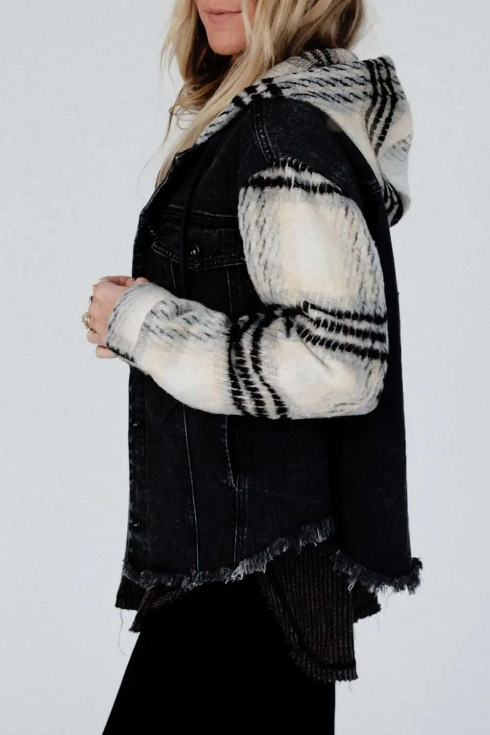 Black Plaid Sleeve Frayed Hem Hooded Denim Jacket - eAura