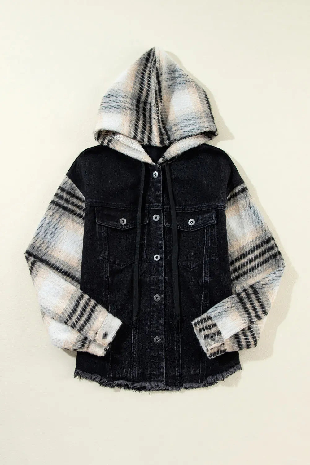 Black Plaid Sleeve Frayed Hem Hooded Denim Jacket - eAura