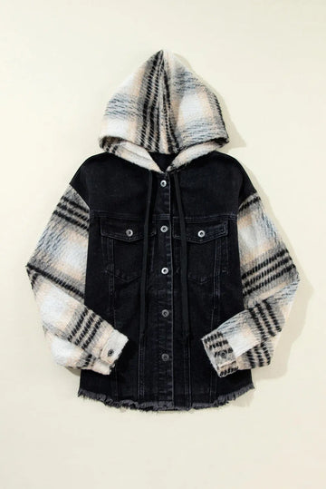 Black Plaid Sleeve Frayed Hem Hooded Denim Jacket - Outerwear/Denim jackets