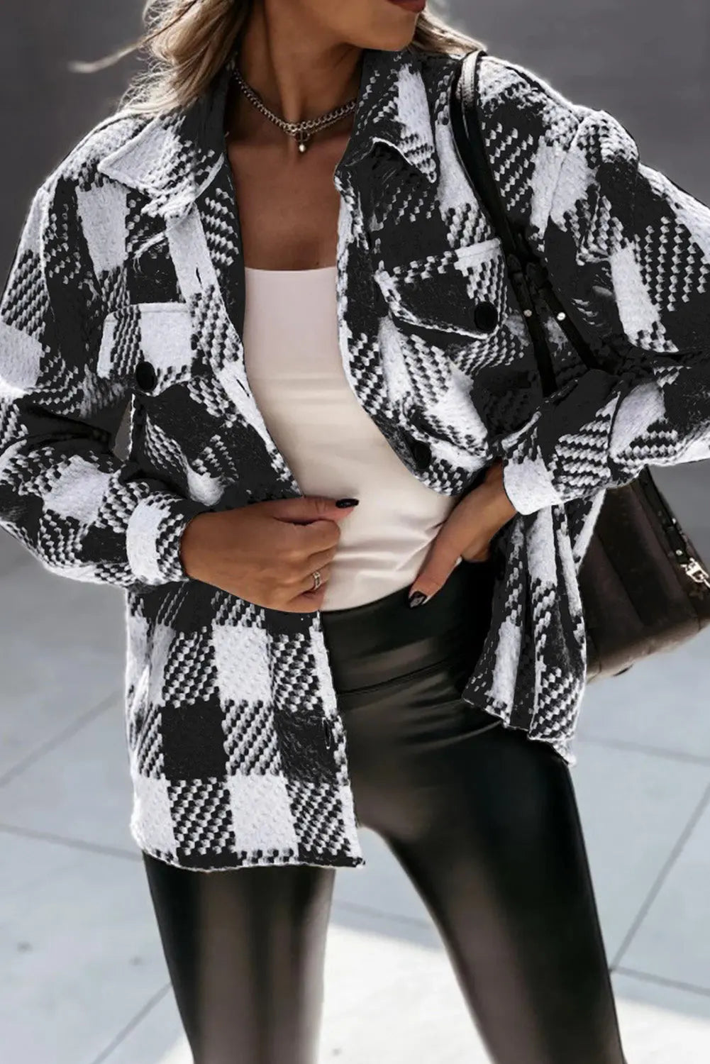 Black Plaid Textured Flap Pocket Shacket eAura