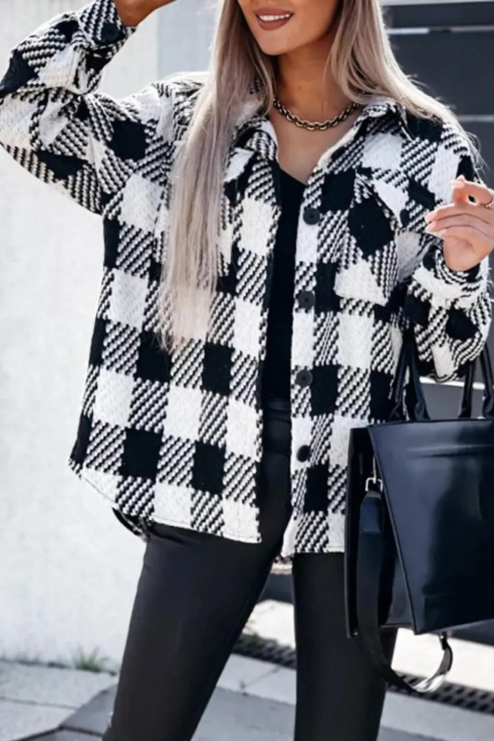 Black Plaid Textured Flap Pocket Shacket eAura