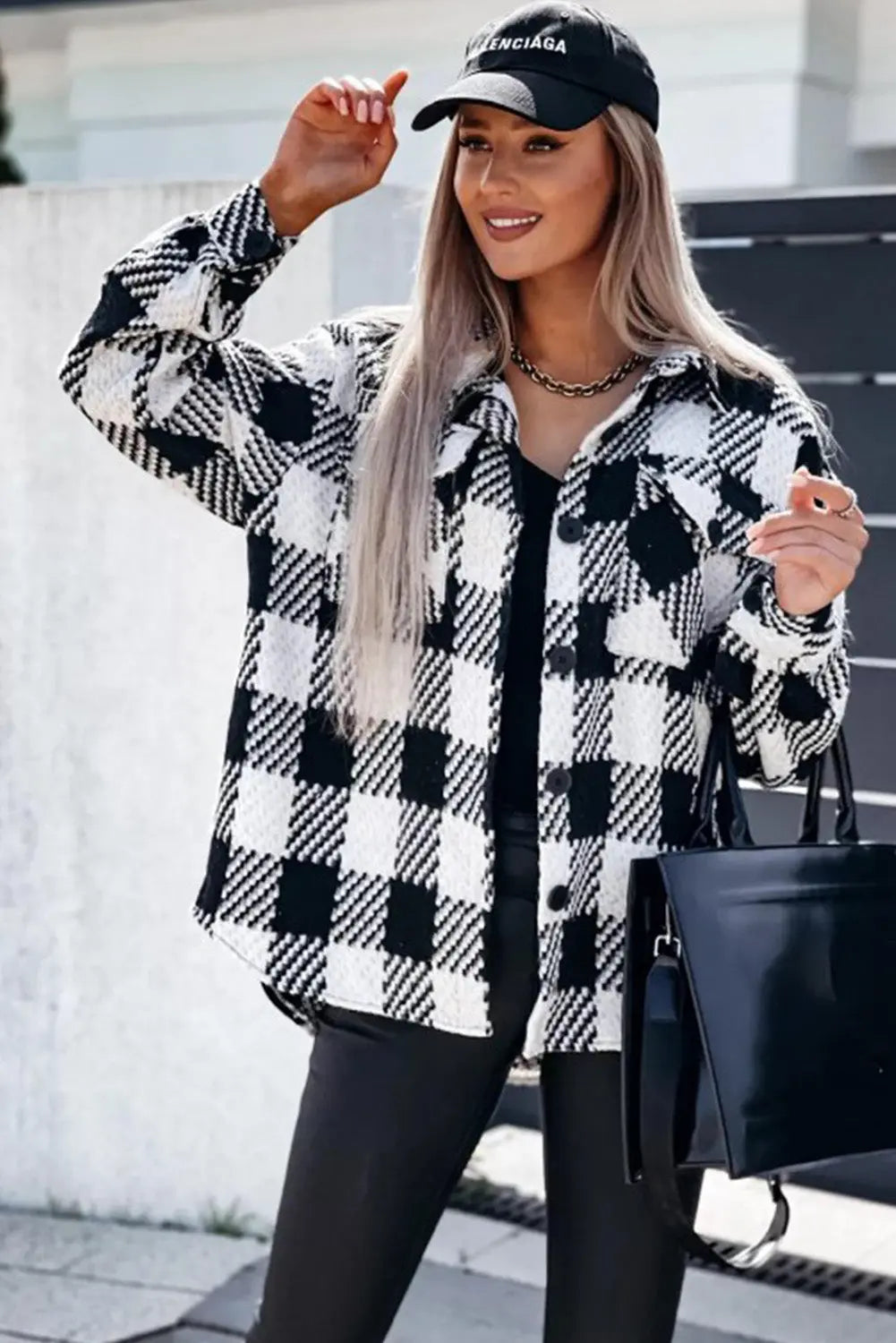 Black Plaid Textured Flap Pocket Shacket eAura