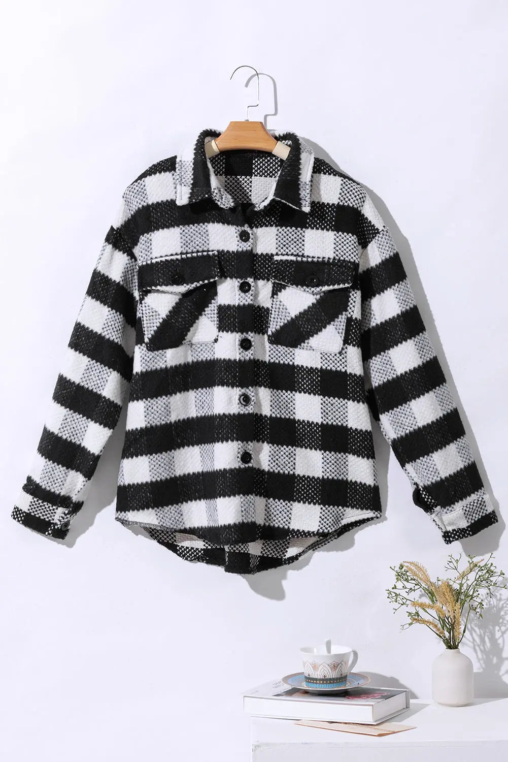 Black Plaid Textured Flap Pocket Shacket eAura