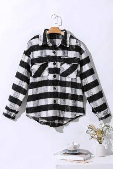 Black Plaid Textured Flap Pocket Shacket - Outerwear/Plaid Shackets