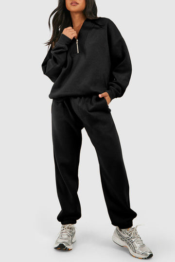 Black Plain Half Zip V Neck Ribbed Edge Loose Tracksuit - eAura
