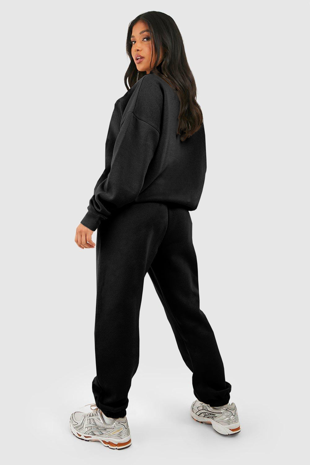 Black Plain Half Zip V Neck Ribbed Edge Loose Tracksuit - eAura
