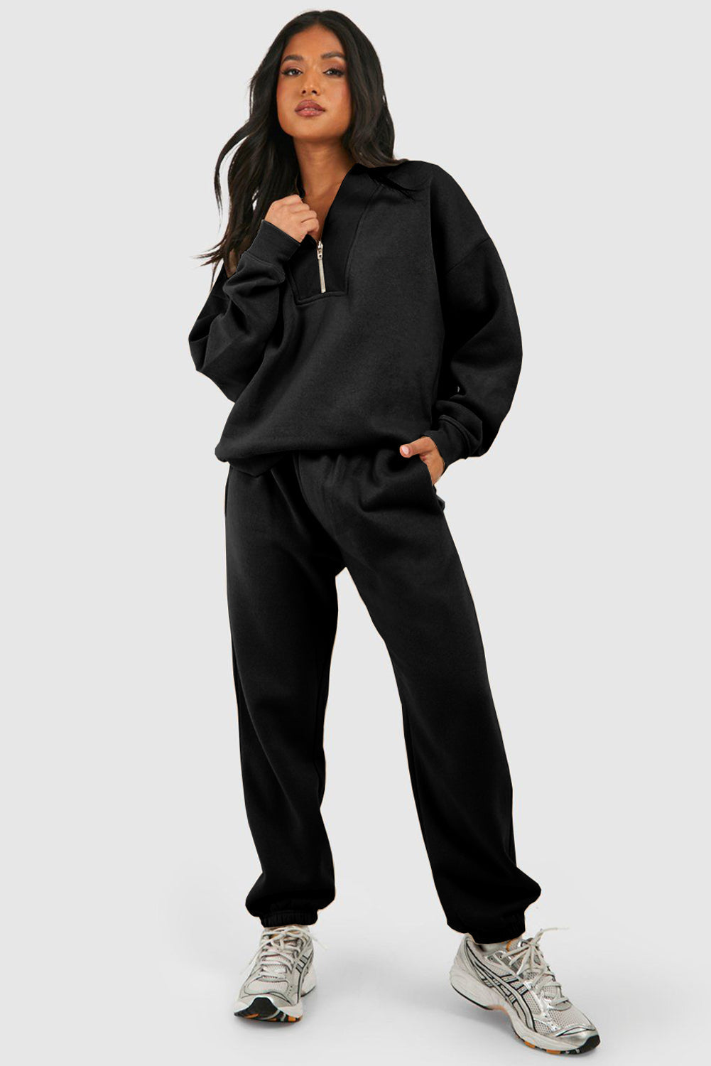 Black Plain Half Zip V Neck Ribbed Edge Loose Tracksuit - eAura