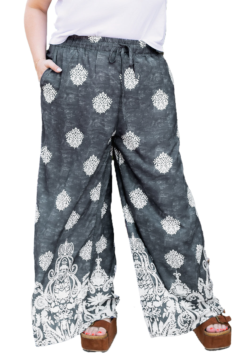 Black Plus Size Geometric Ethnic Print Drawstring Wide Leg Trousers - Size/Plus Bottoms