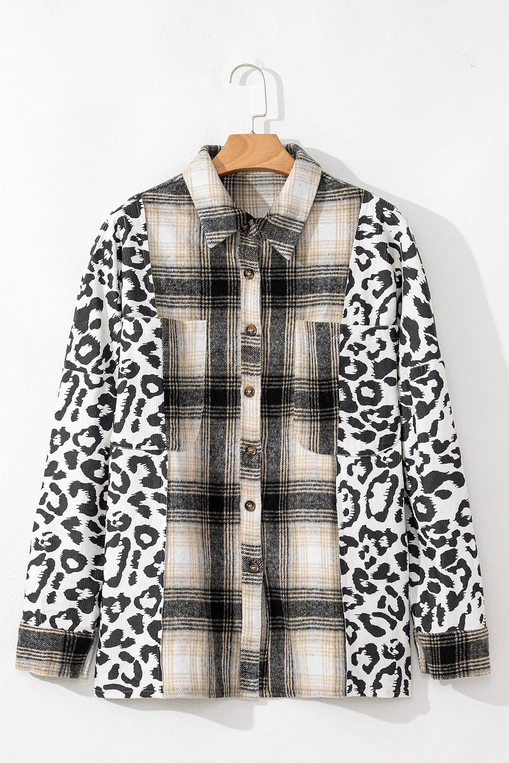Black Plus Size Plaid Leopard Printed Patchwork Button Up Shacket Beagle Boutique Fashion Outlet