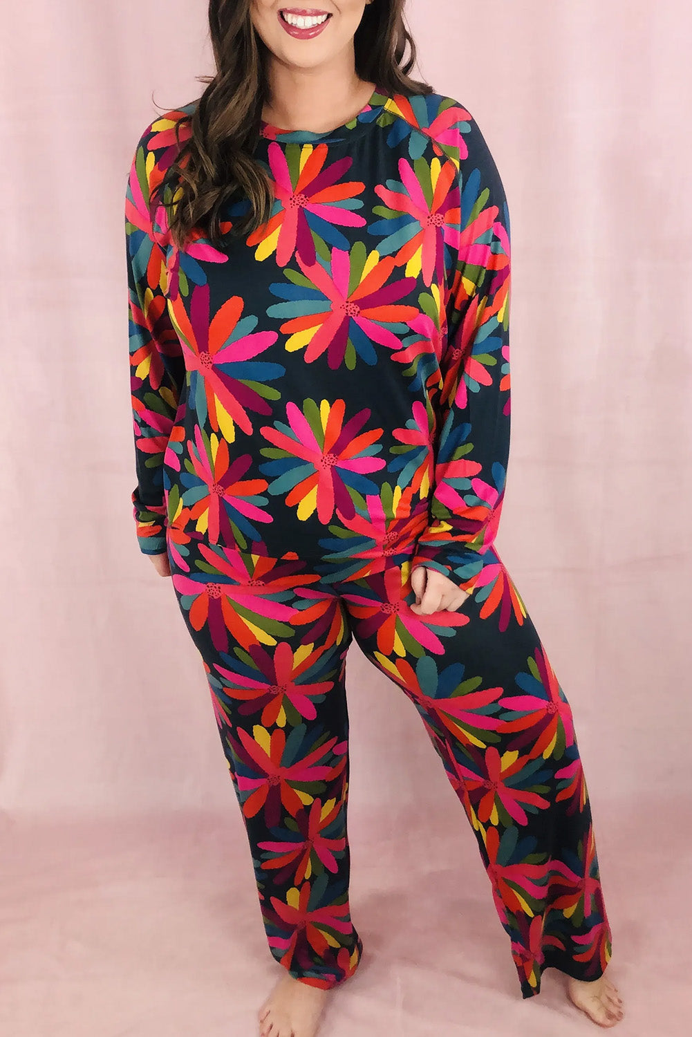 Black Plus Size Printed Long Sleeve and Trousers Lounge Set - eAura