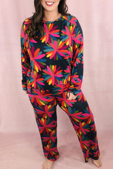 Black Plus Size Printed Long Sleeve and Trousers Lounge Set - eAura