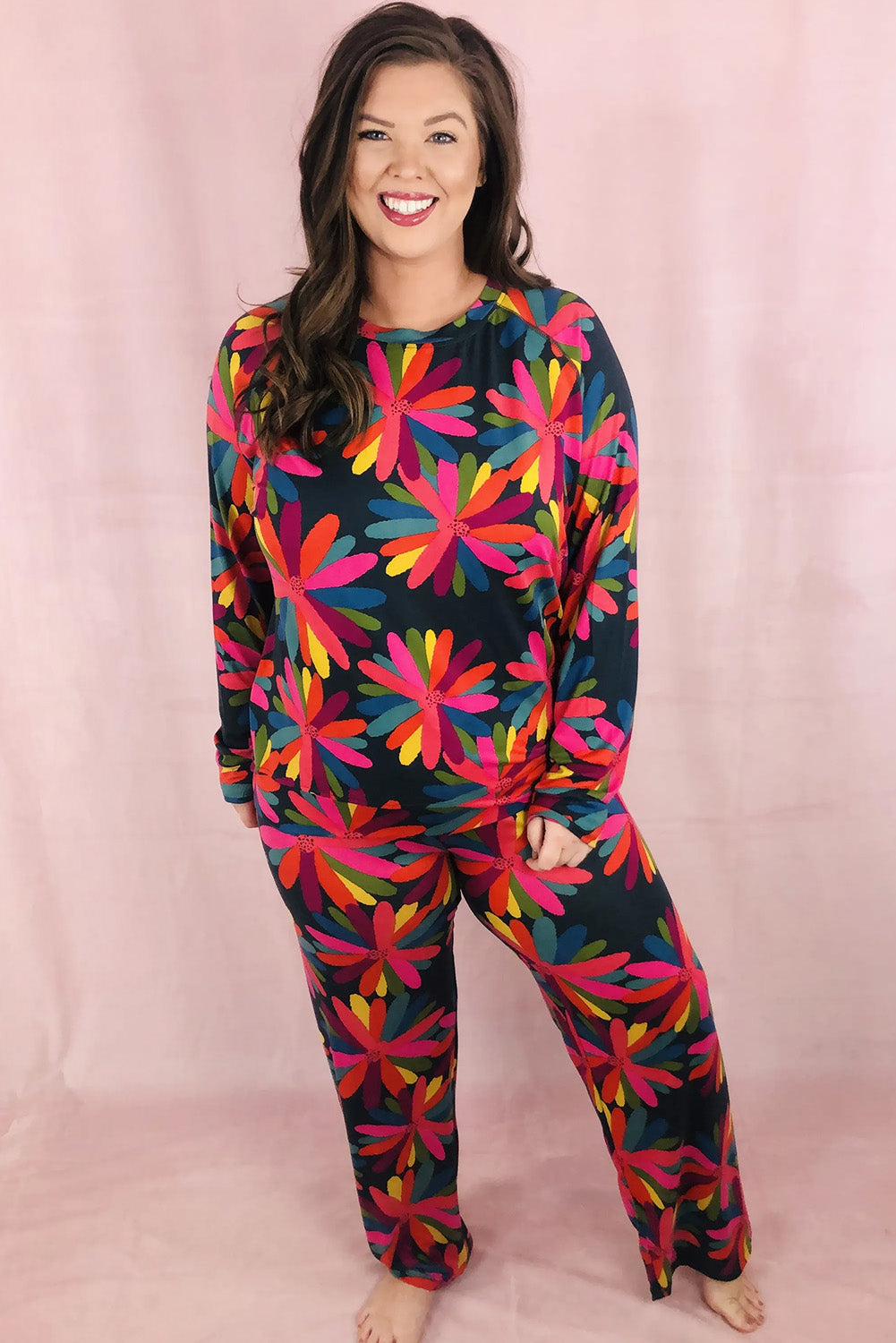 Black Plus Size Printed Long Sleeve and Trousers Lounge Set - eAura