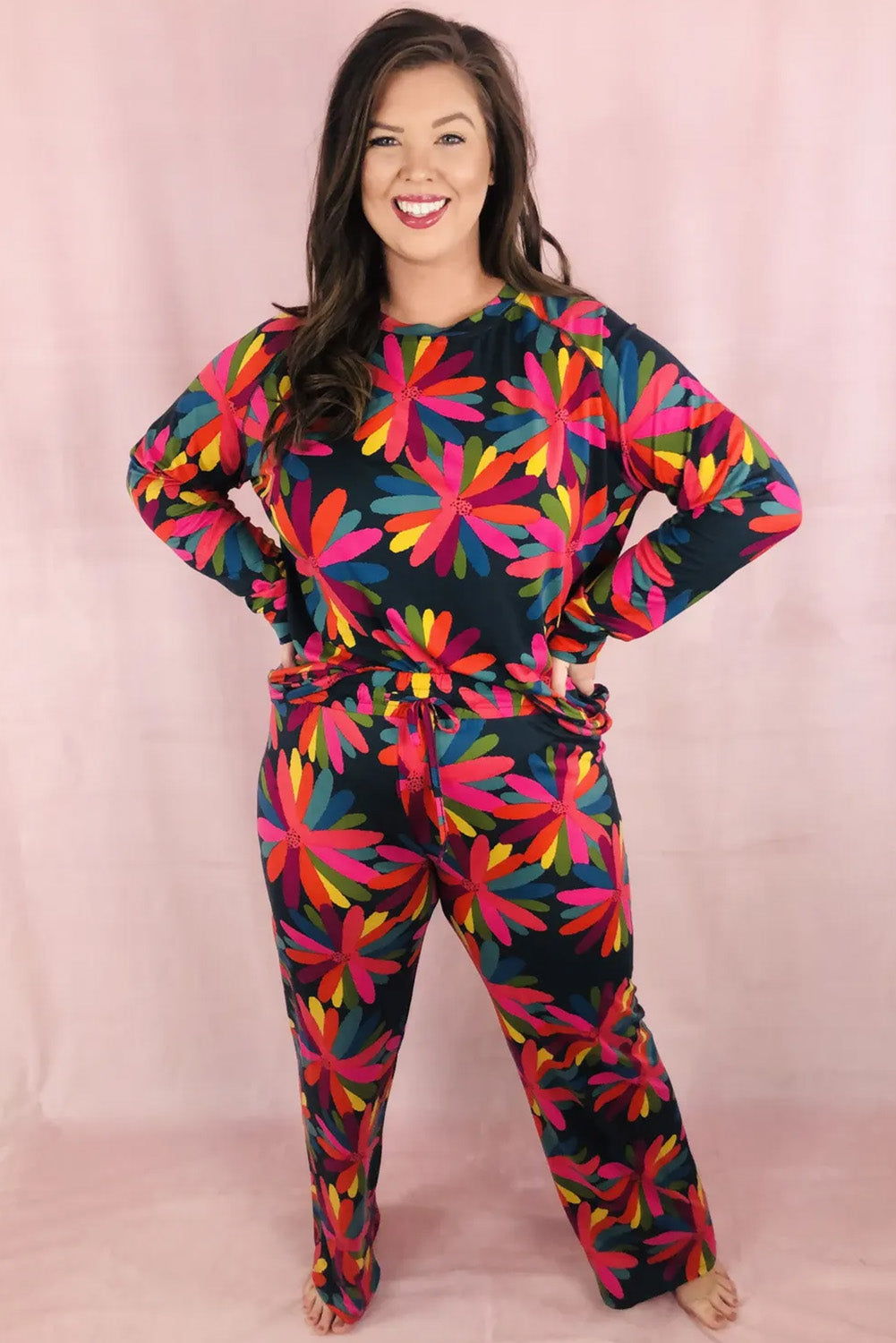 Black Plus Size Printed Long Sleeve and Trousers Lounge Set - eAura
