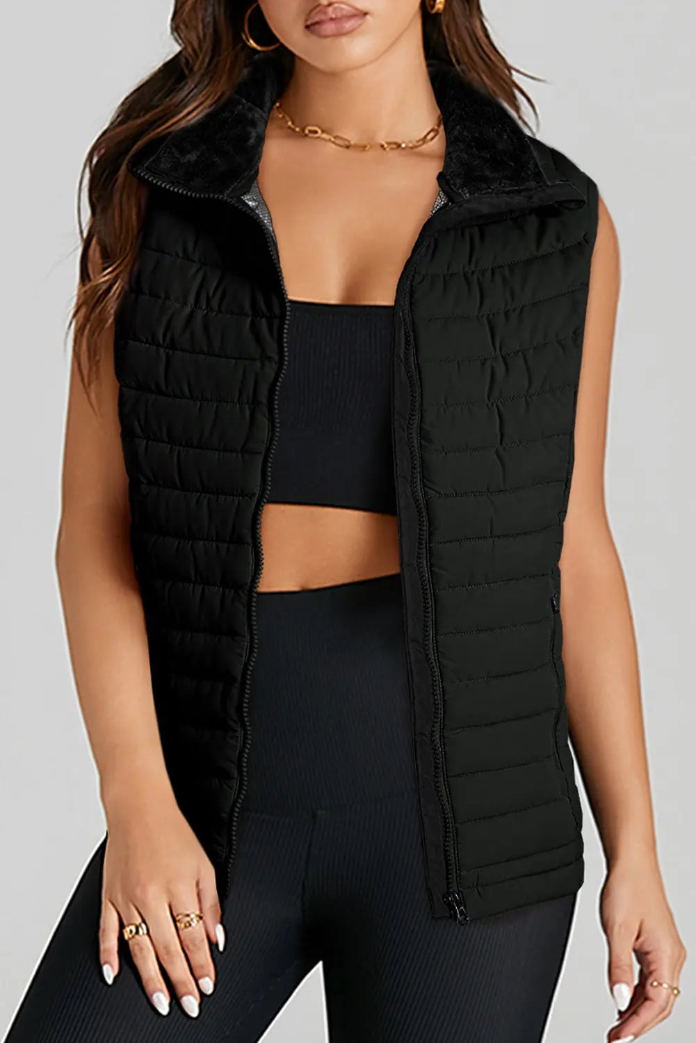 Black Plush Collared Quilted Puffer Vest - eAura