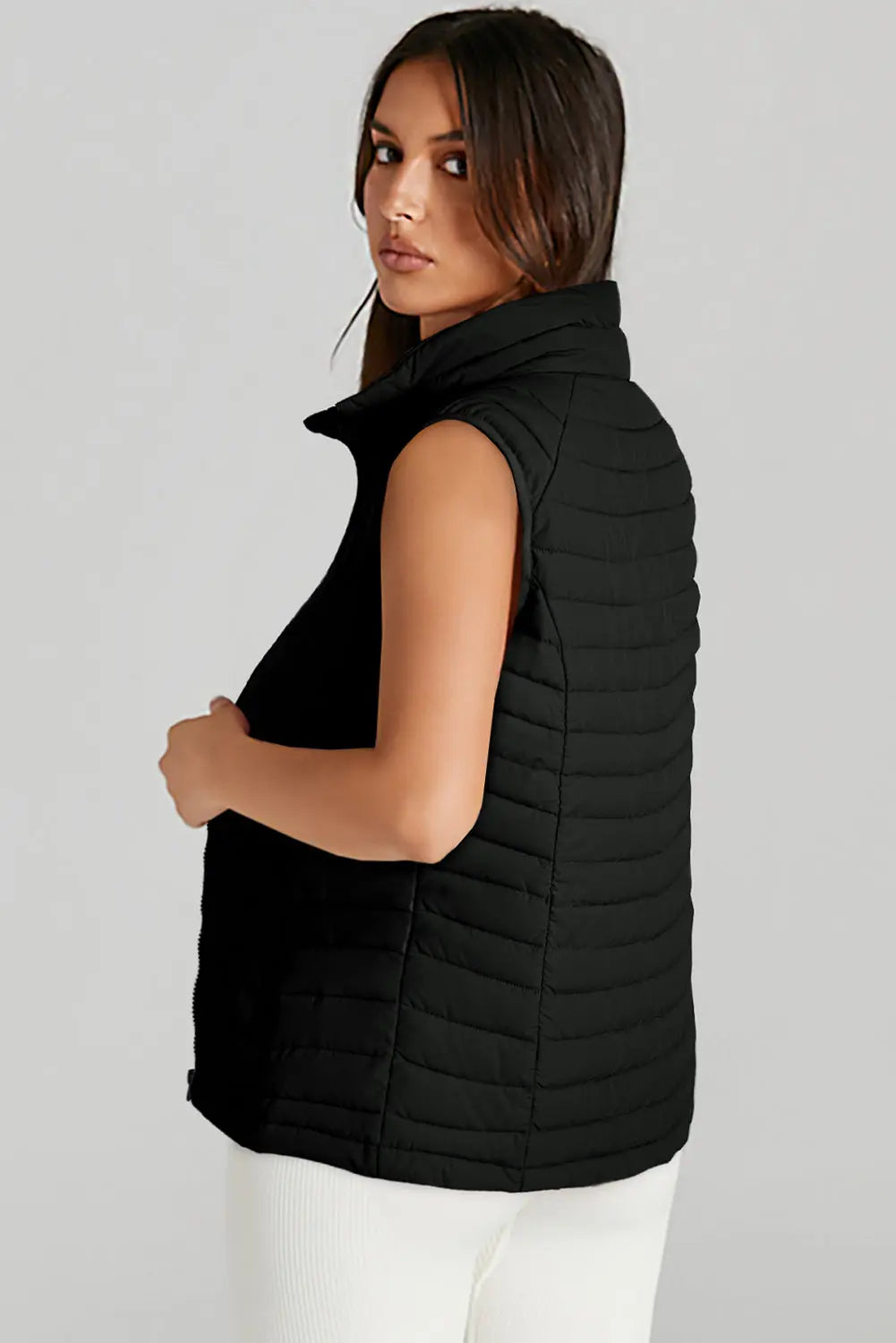 Black Plush Collared Quilted Puffer Vest - eAura