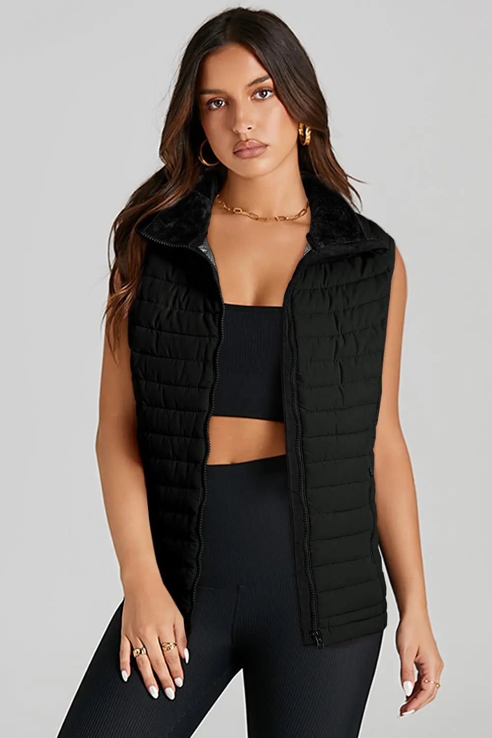 Black Plush Collared Quilted Puffer Vest - eAura
