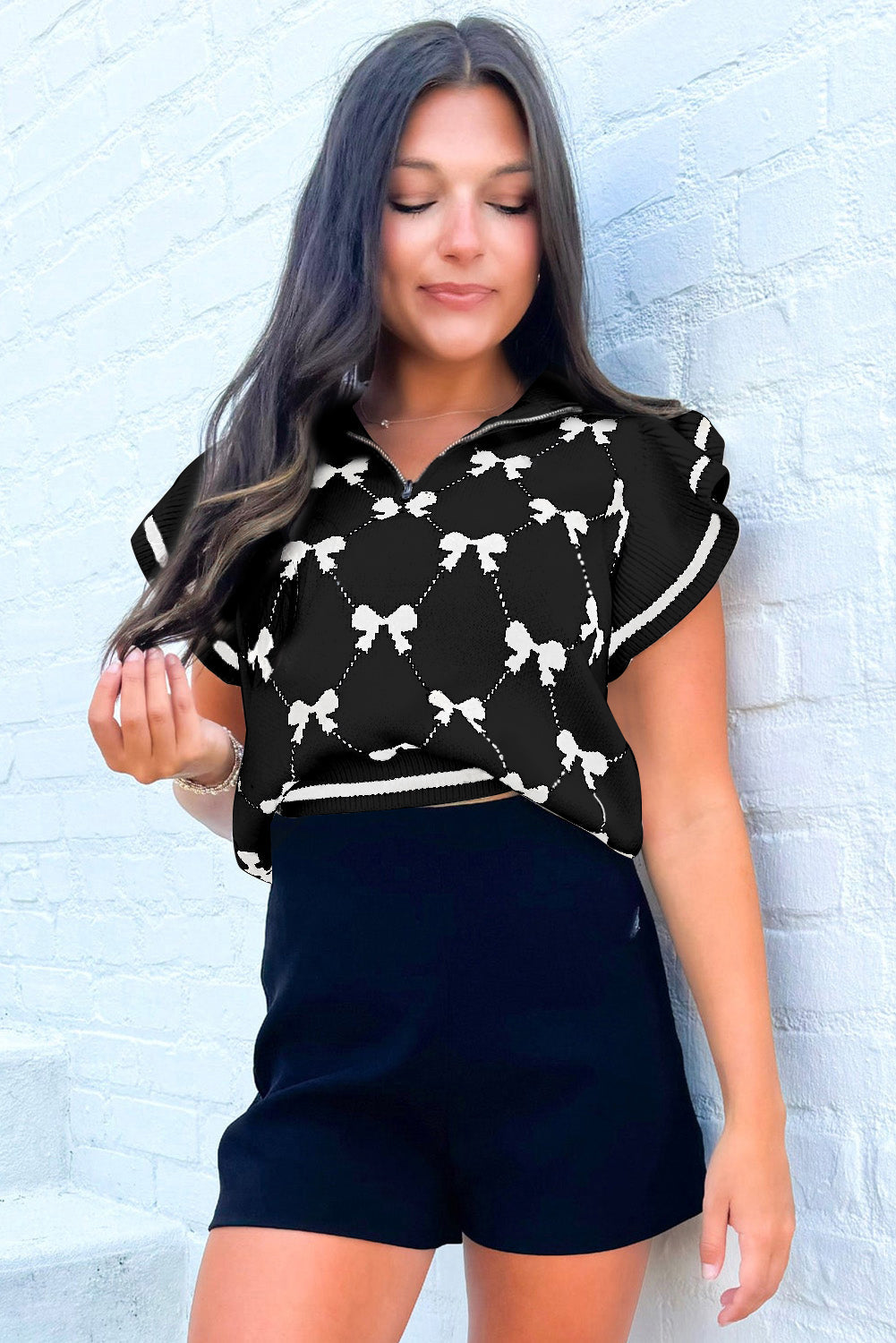 Black Preppy Vibes Bow Print Zipped Collar Sweater Tee - Sweaters & Cardigans/Short Sleeve