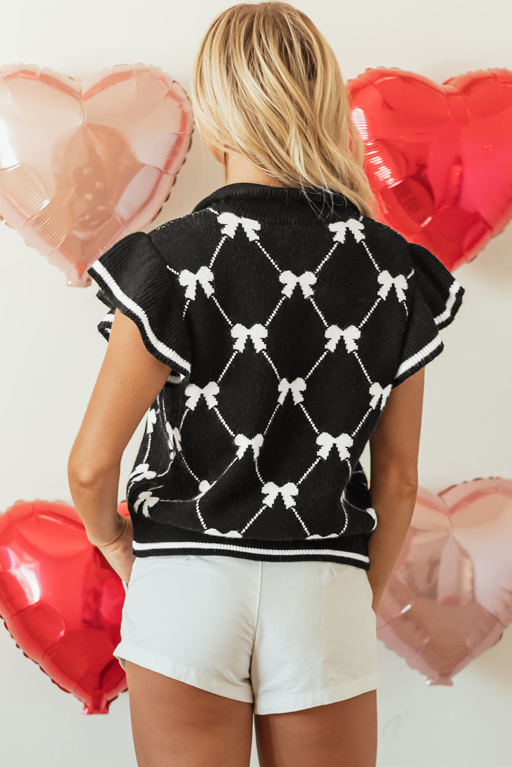 Black Preppy Vibes Bow Print Zipped Collar Sweater Tee - Sweaters & Cardigans/Short Sleeve