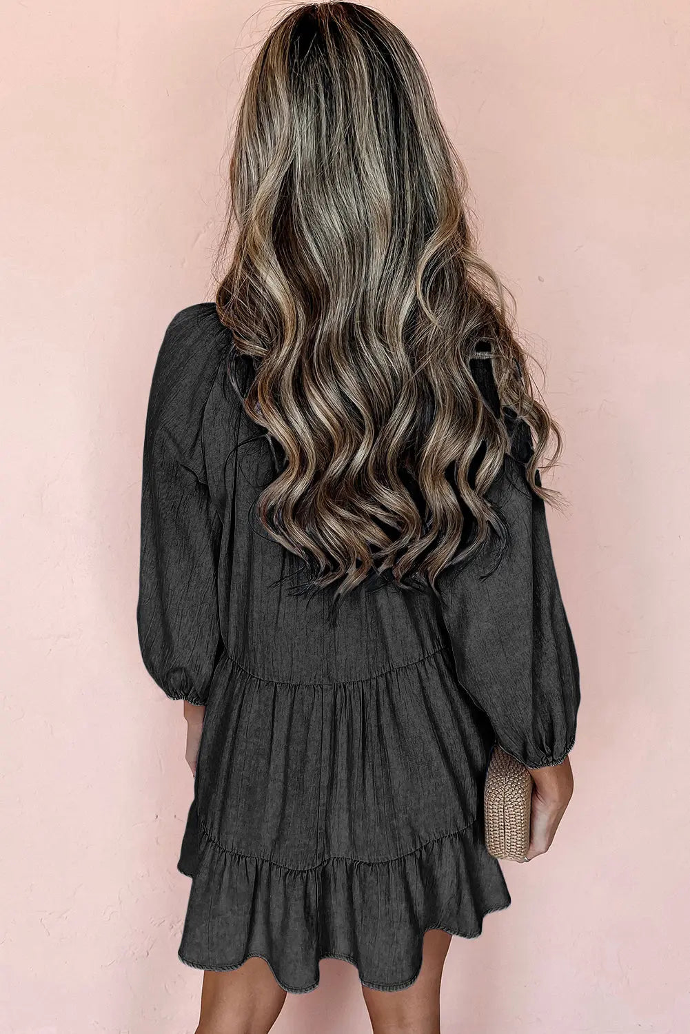 Black Puff Sleeve V Neck Tiered Ruffled Chambray Mini Dress Beagle Boutique Fashion Outlet
