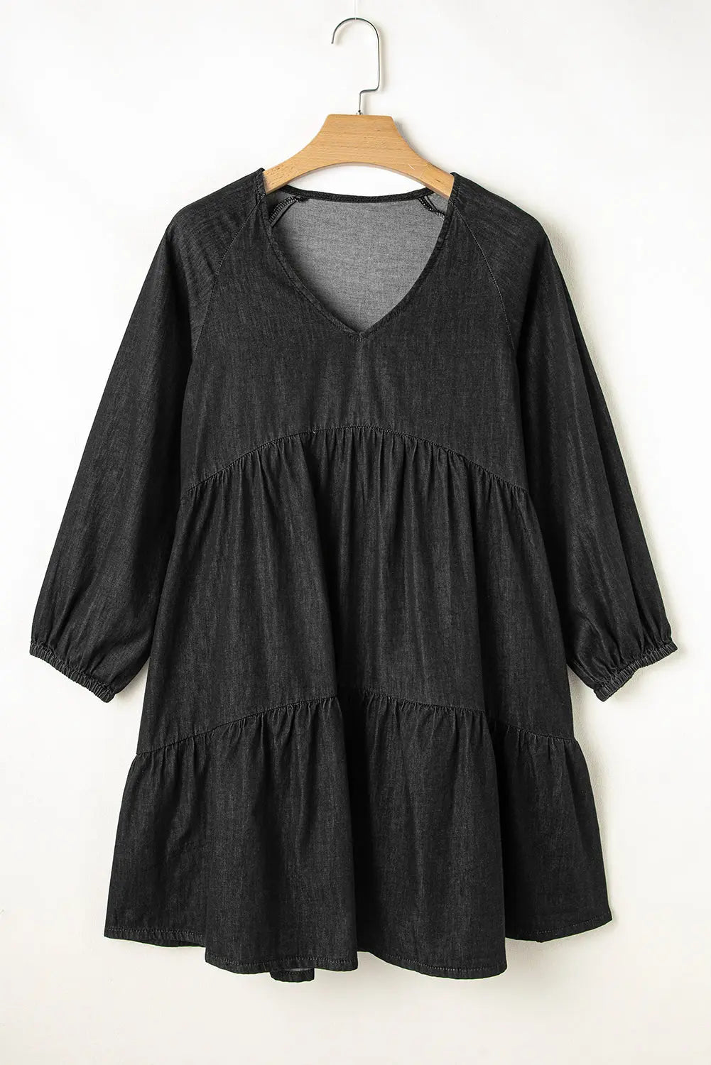 Black Puff Sleeve V Neck Tiered Ruffled Chambray Mini Dress Beagle Boutique Fashion Outlet