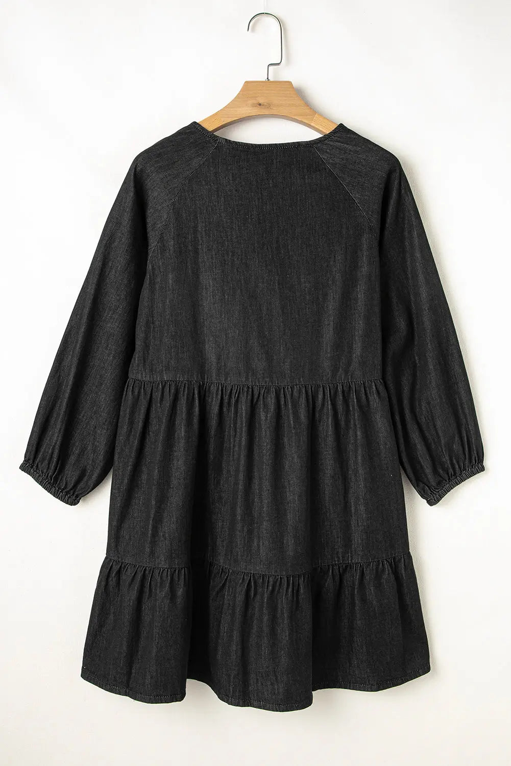 Black Puff Sleeve V Neck Tiered Ruffled Chambray Mini Dress Beagle Boutique Fashion Outlet