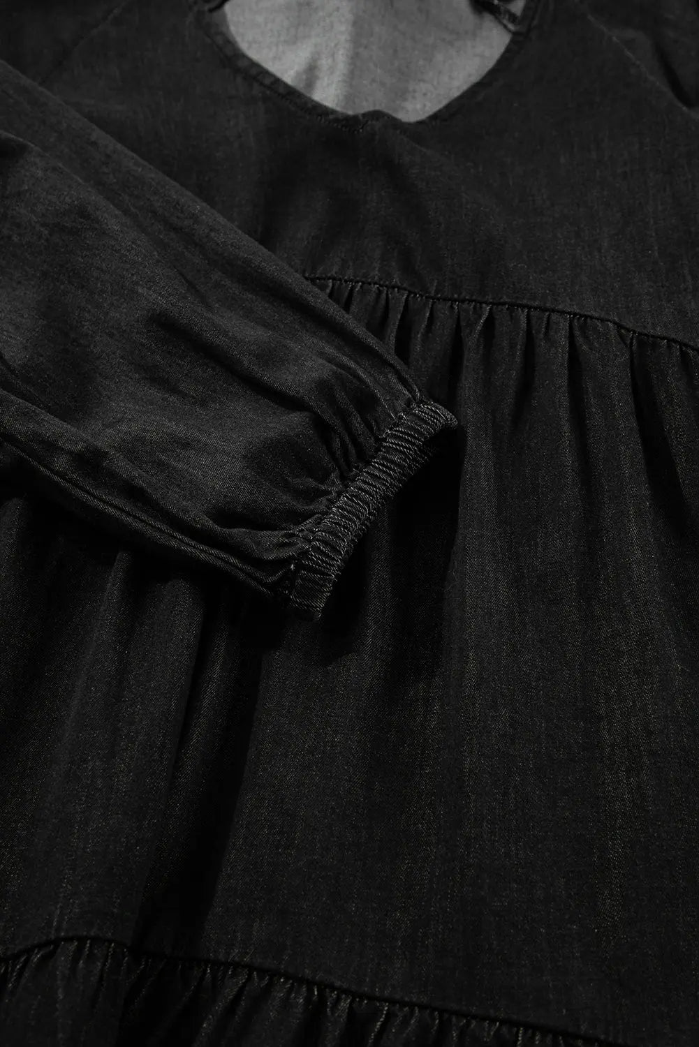 Black Puff Sleeve V Neck Tiered Ruffled Chambray Mini Dress Beagle Boutique Fashion Outlet