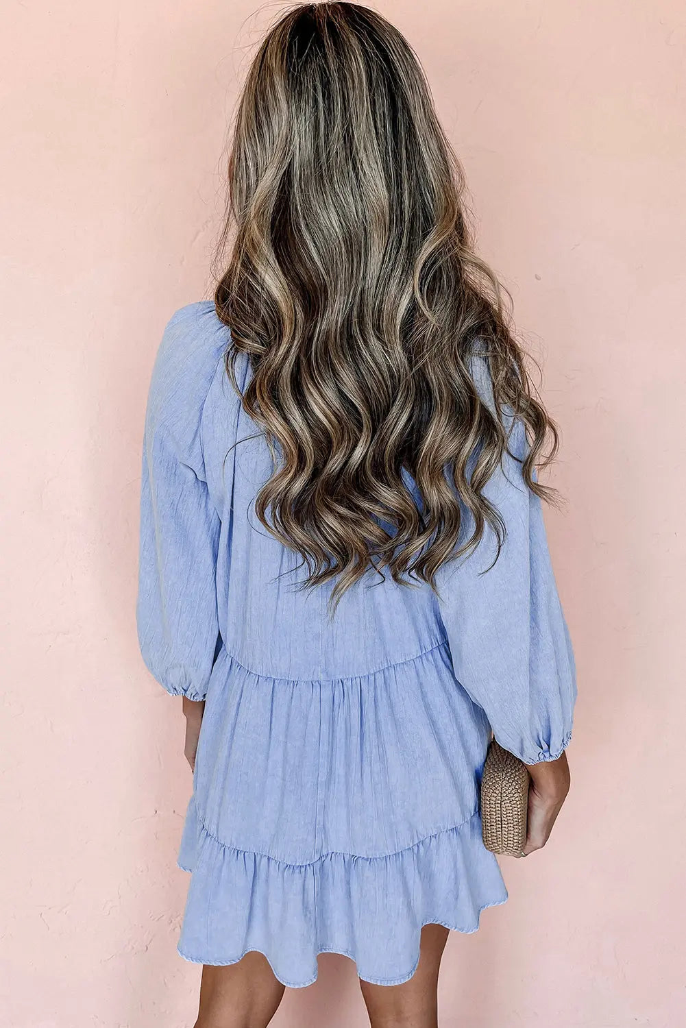 Black Puff Sleeve V Neck Tiered Ruffled Chambray Mini Dress Beagle Boutique Fashion Outlet