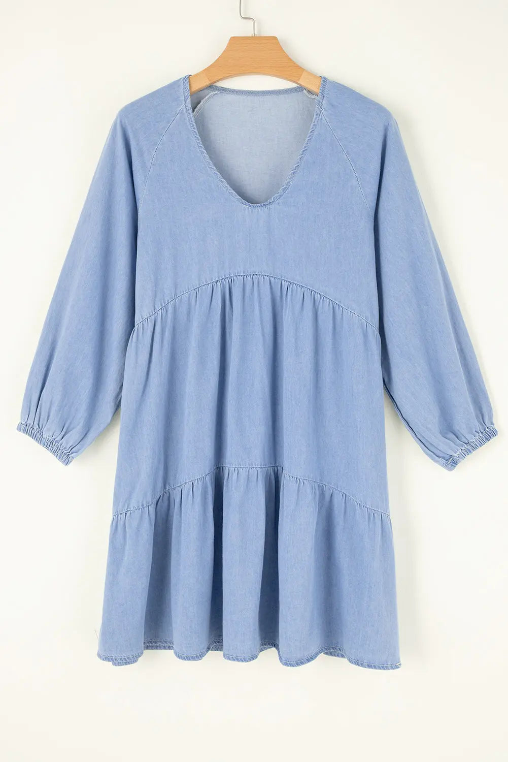 Black Puff Sleeve V Neck Tiered Ruffled Chambray Mini Dress Beagle Boutique Fashion Outlet