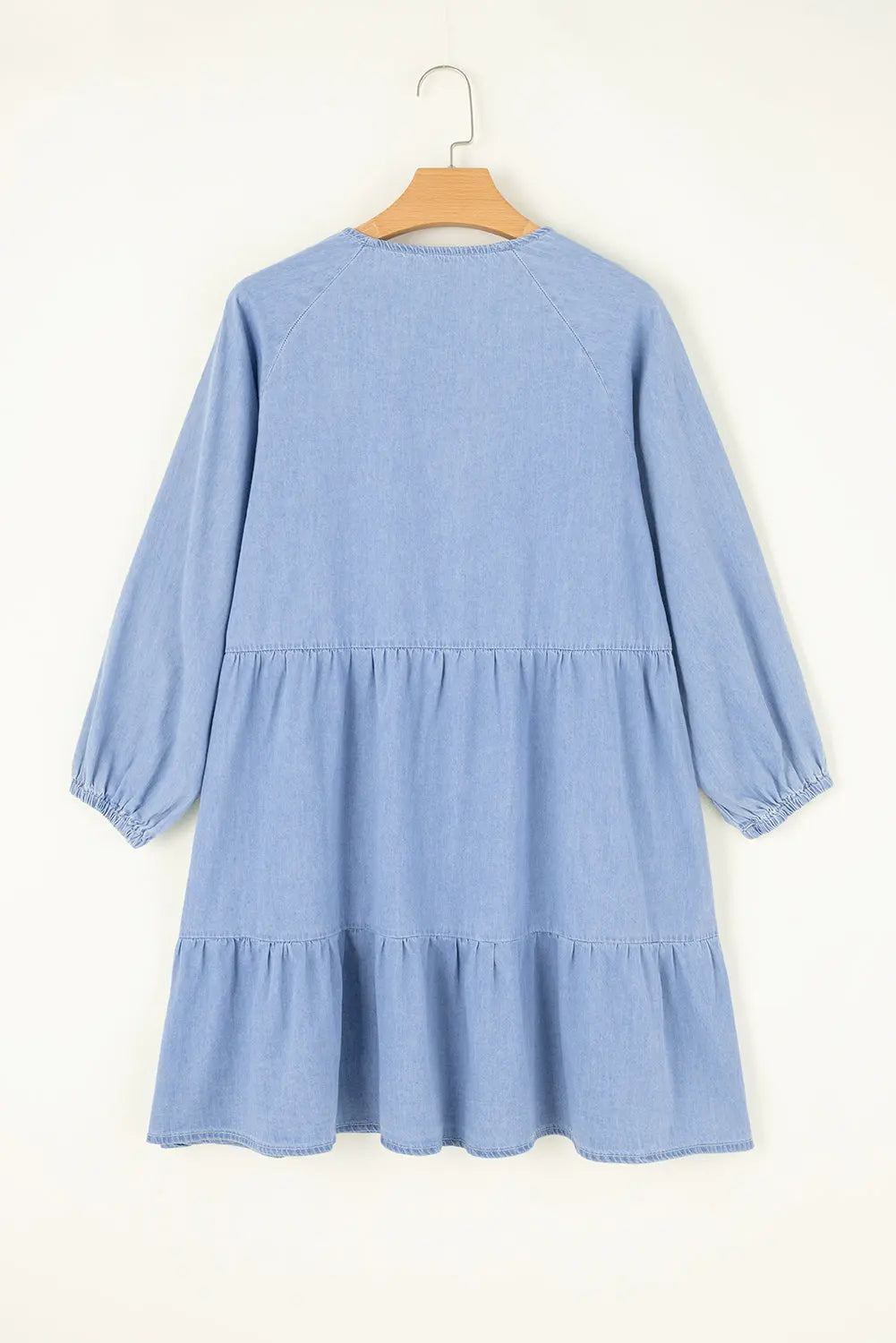 Black Puff Sleeve V Neck Tiered Ruffled Chambray Mini Dress Beagle Boutique Fashion Outlet