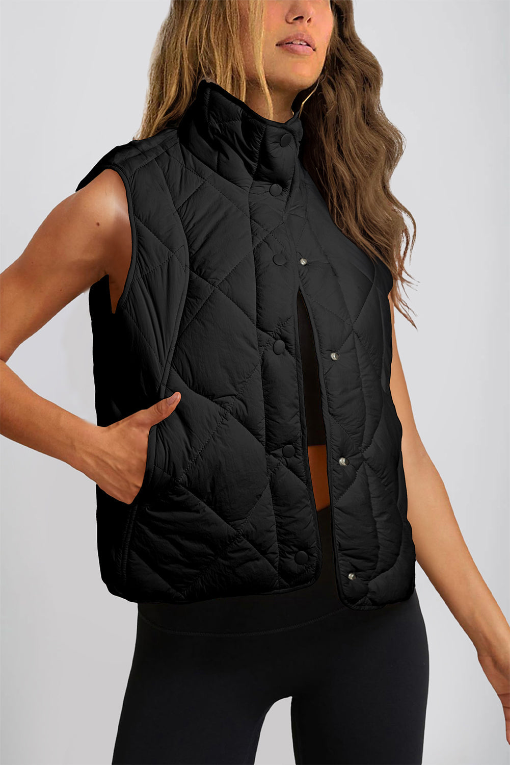 Black Quilted High Neck Button Up Pocket Vest - eAura
