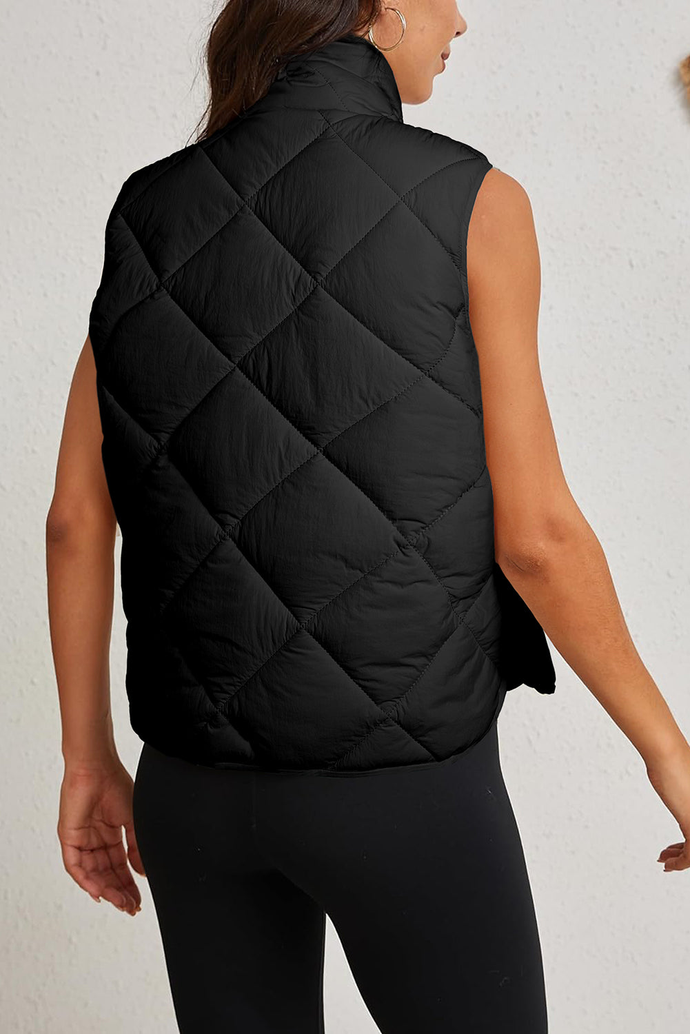 Black Quilted High Neck Button Up Pocket Vest - eAura