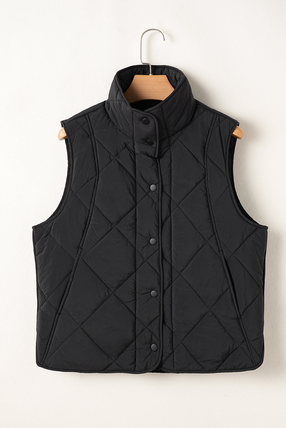 Black Quilted High Neck Button Up Pocket Vest - Outerwear/Vests