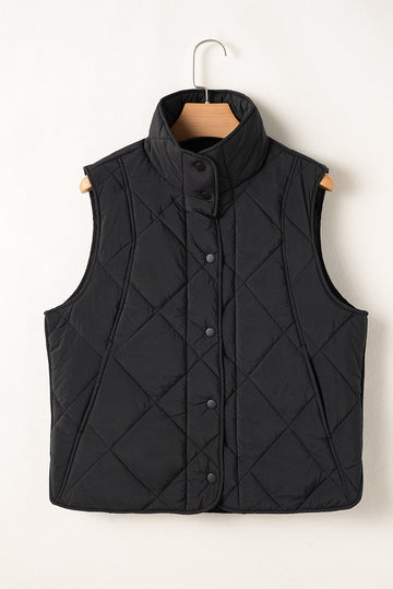 Black Quilted High Neck Button Up Pocket Vest - Outerwear/Vests