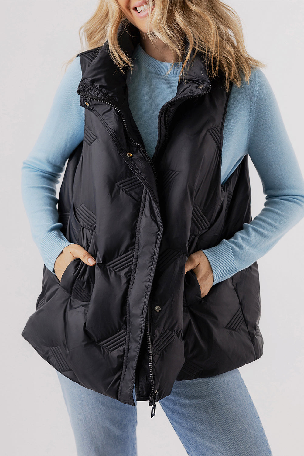 Black Quilted High Neck Zip Up Jacket Vest - eAura