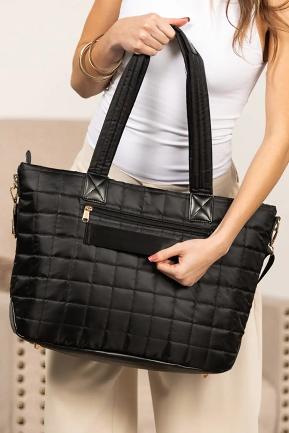 Black Quilted Patchwork Large Tote Bag and Clutch 2pcs Set - eAura