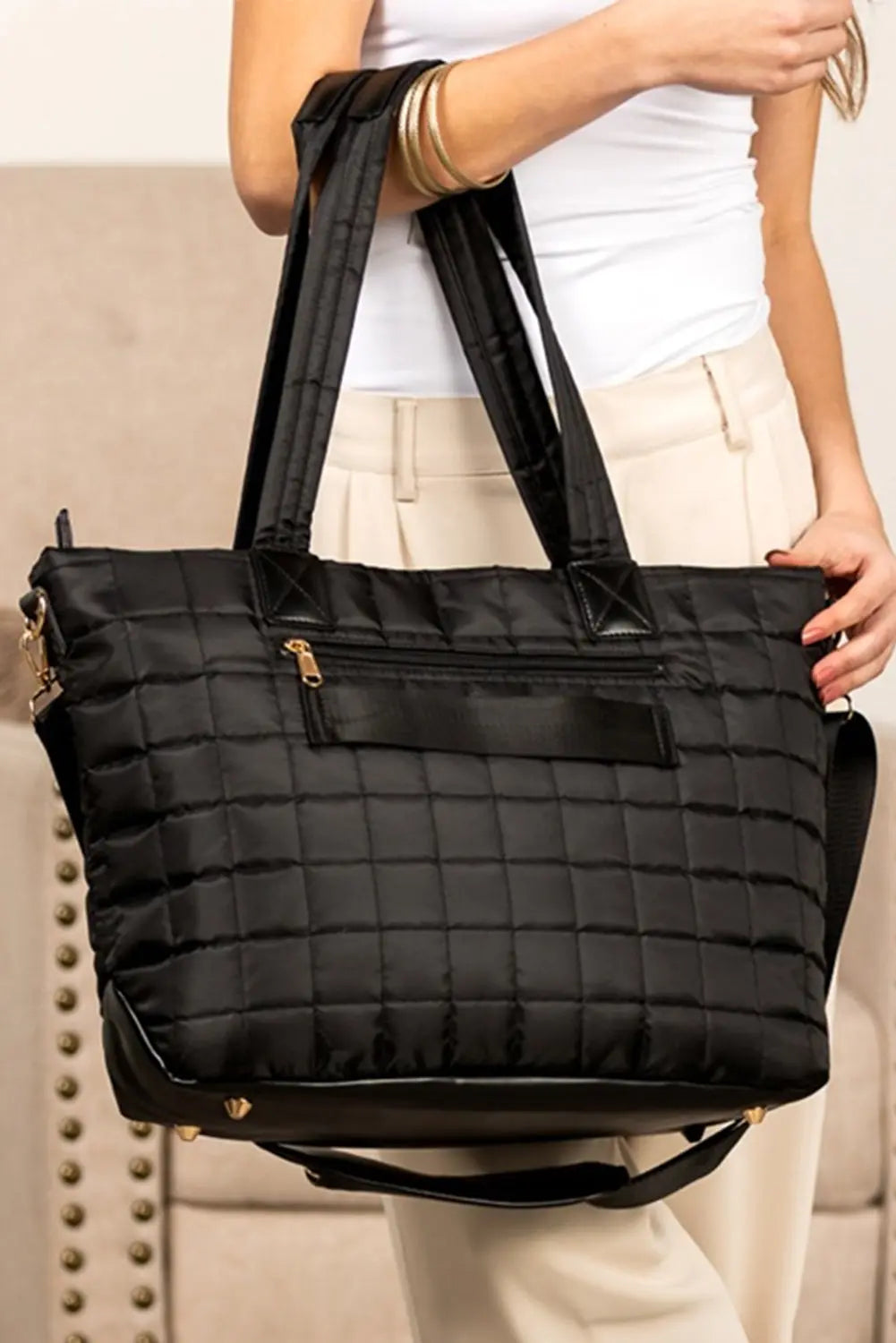 Black Quilted Patchwork Large Tote Bag and Clutch 2pcs Set - eAura
