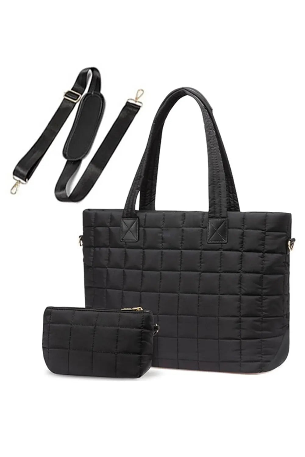 Black Quilted Patchwork Large Tote Bag and Clutch 2pcs Set - eAura