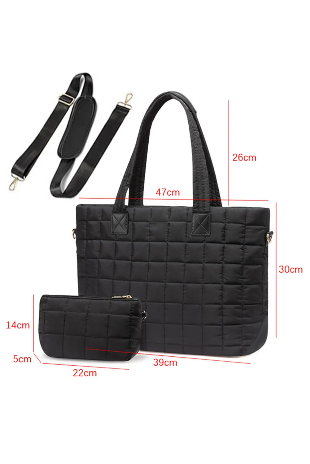 Black Quilted Patchwork Large Tote Bag and Clutch 2pcs Set - eAura