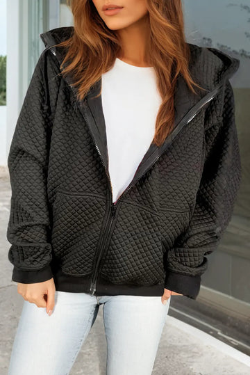 Black Quilted Side Pockets Zipper Hooded Jacket eAura