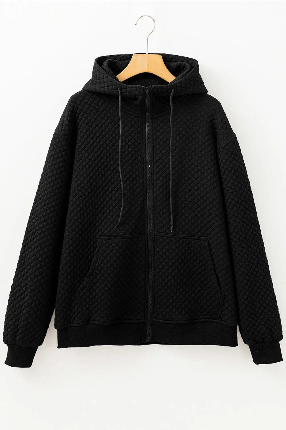 Black Quilted Side Pockets Zipper Hooded Jacket eAura