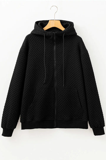 Black Quilted Side Pockets Zipper Hooded Jacket - Outerwear/Jackets