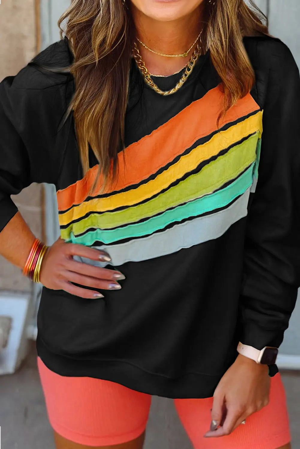 Black Rainbow Raglan Sleeve Crew Neck Plus Size Sweatshirt Beagle Boutique Fashion Outlet