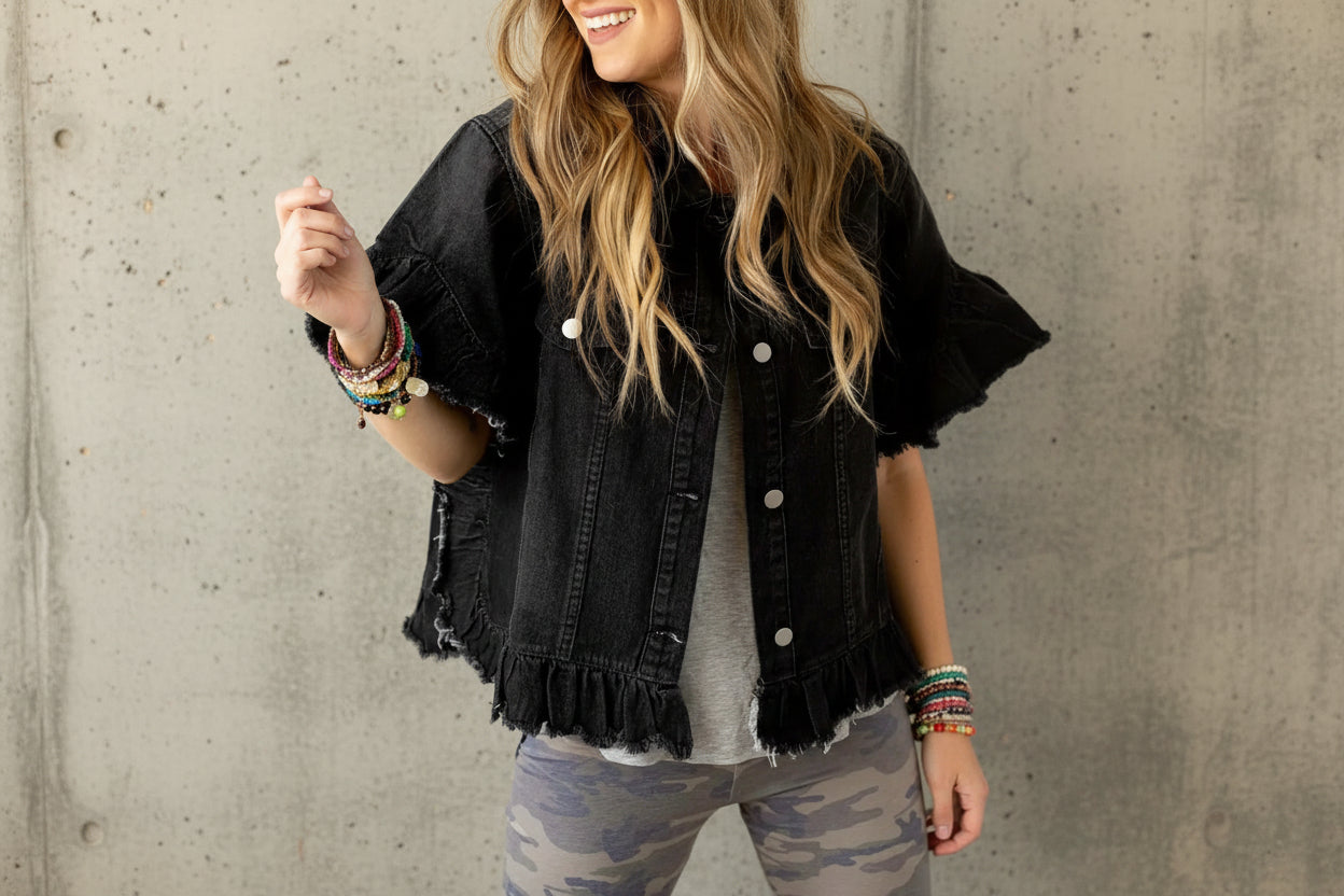 Black Raw Edge Ruffled Short Sleeve Denim Jacket - BLACK / S / 85% COTTON + 15% POLYESTER - Outerwear/Denim jackets