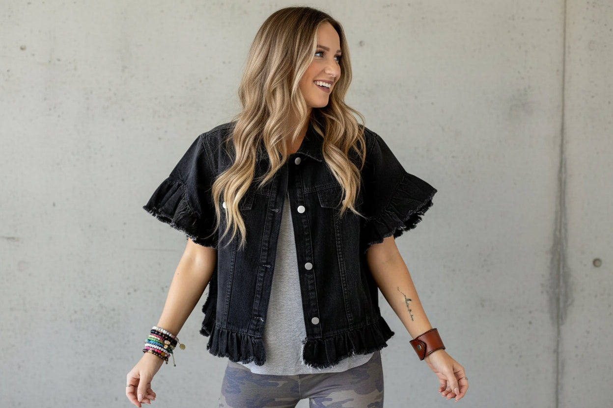 Black Raw Edge Ruffled Short Sleeve Denim Jacket - Outerwear/Denim jackets