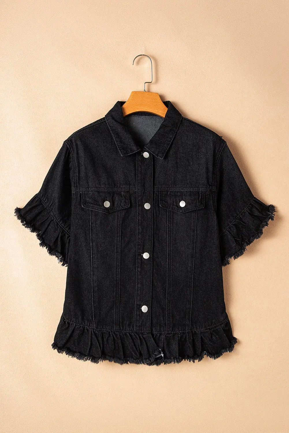 Black Raw Edge Ruffled Short Sleeve Denim Jacket - eAura