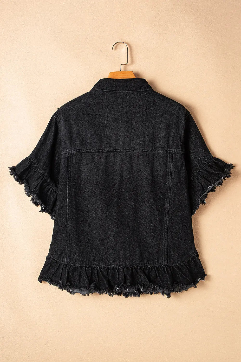 Black Raw Edge Ruffled Short Sleeve Denim Jacket - eAura